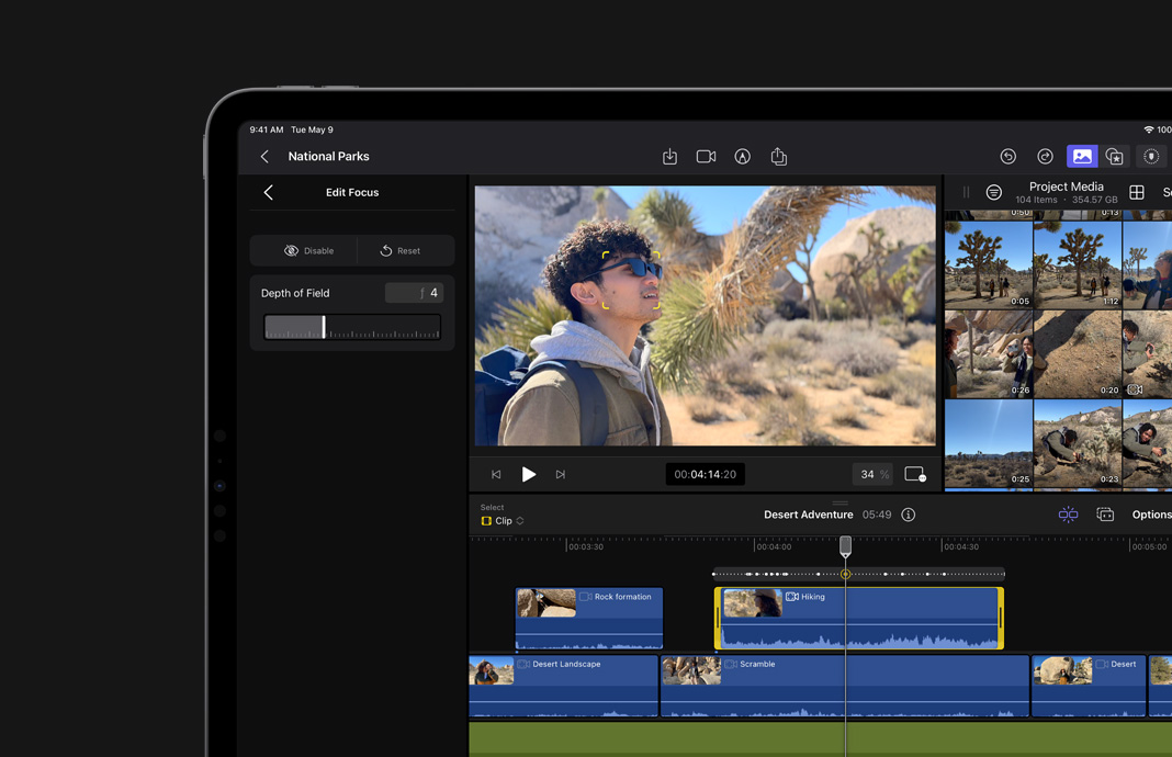 Editing in Final Cut Pro for iPad footage shot in Cinematic Mode on iPhone focused on young man in foreground.