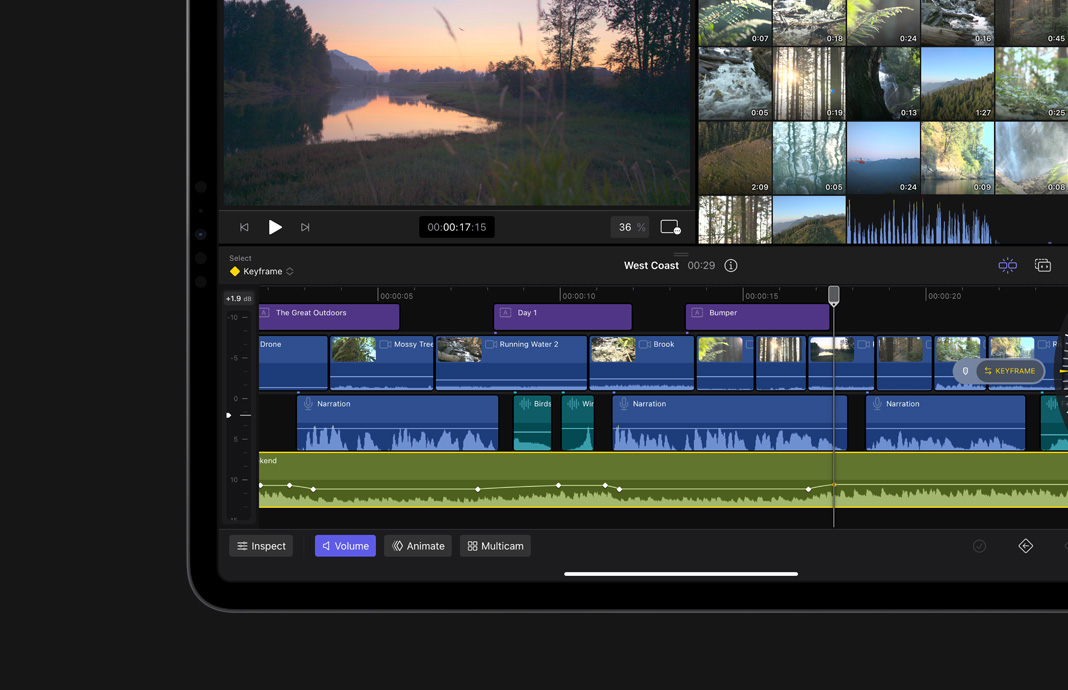 在 iPad Pro 上的 iPad 版 Final Cut Pro Pro，使用關鍵影格製作動畫影片。{