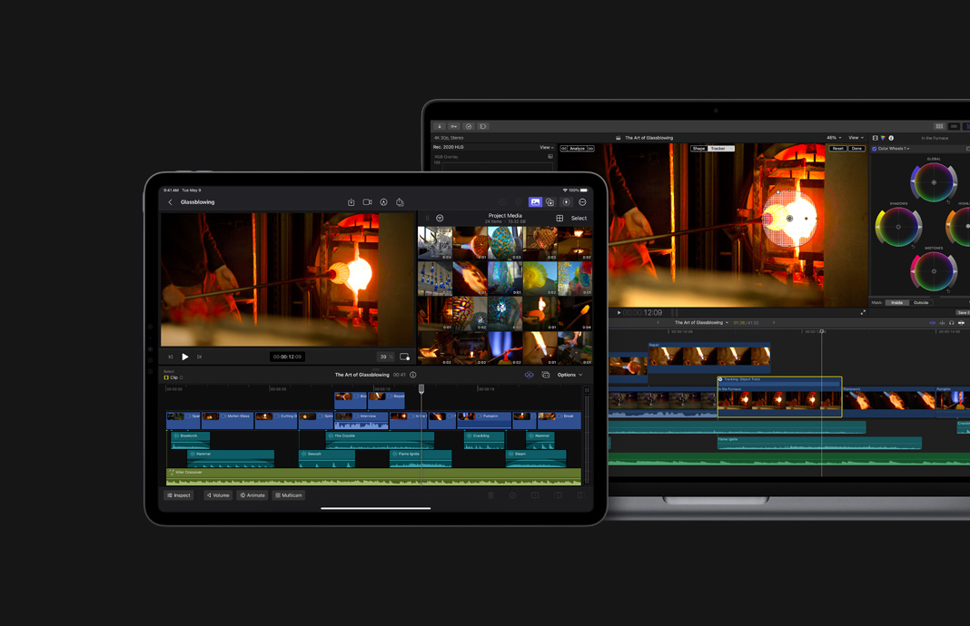 Footage of glassblowing shown on side-by-side iPad Pro and Mac.  Apple Pencil with the title screen for a film in Final Cut Pro for iPad next to MacBook Pro with the same film being edited in Final Cut Pro.
