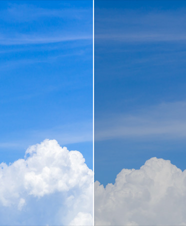 Imagen en dos partes de un cielo con nubes que muestra el resultado antes y después de usar la herramienta de gradación de color