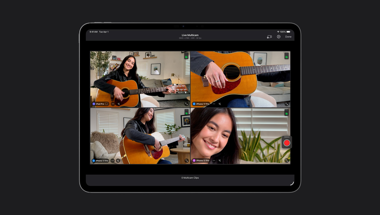 iPad Pro de 13 pulgadas que muestra Multicam en Directo con cuatro ángulos diferentes de una persona tocando la guitarra, con un iPad Pro y un iPhone 17 Pro