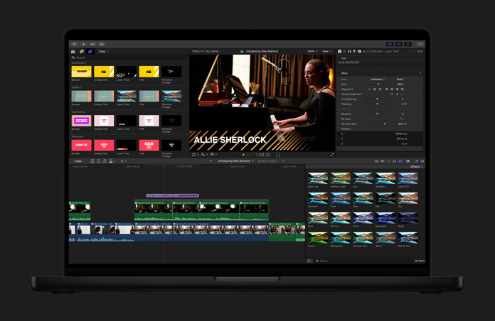 MacBook Pro de 16 pulgadas, edición de un vídeo musical que muestra la variedad de títulos y efectos disponibles, el título dice «Allie Sherlock»