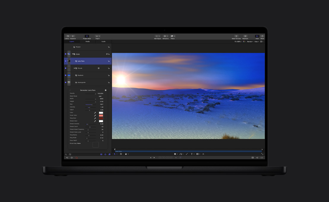 MacBook Pro de 16 pulgadas, vista panorámica de un paisaje nevado con demostración de la herramienta Destello