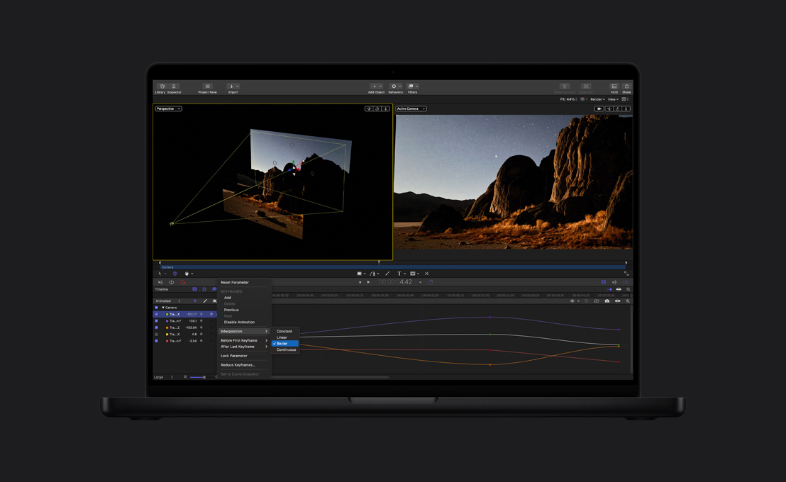 MacBook Pro de 16 pulgadas, montañas con una demostración de edición de fotogramas clave