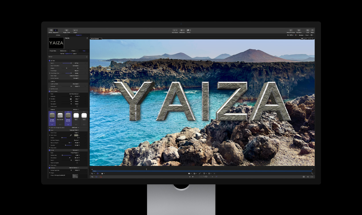 Mac Studio Display, creación del título «Yaiza» superpuesto sobre la imagen de una costa rocosa