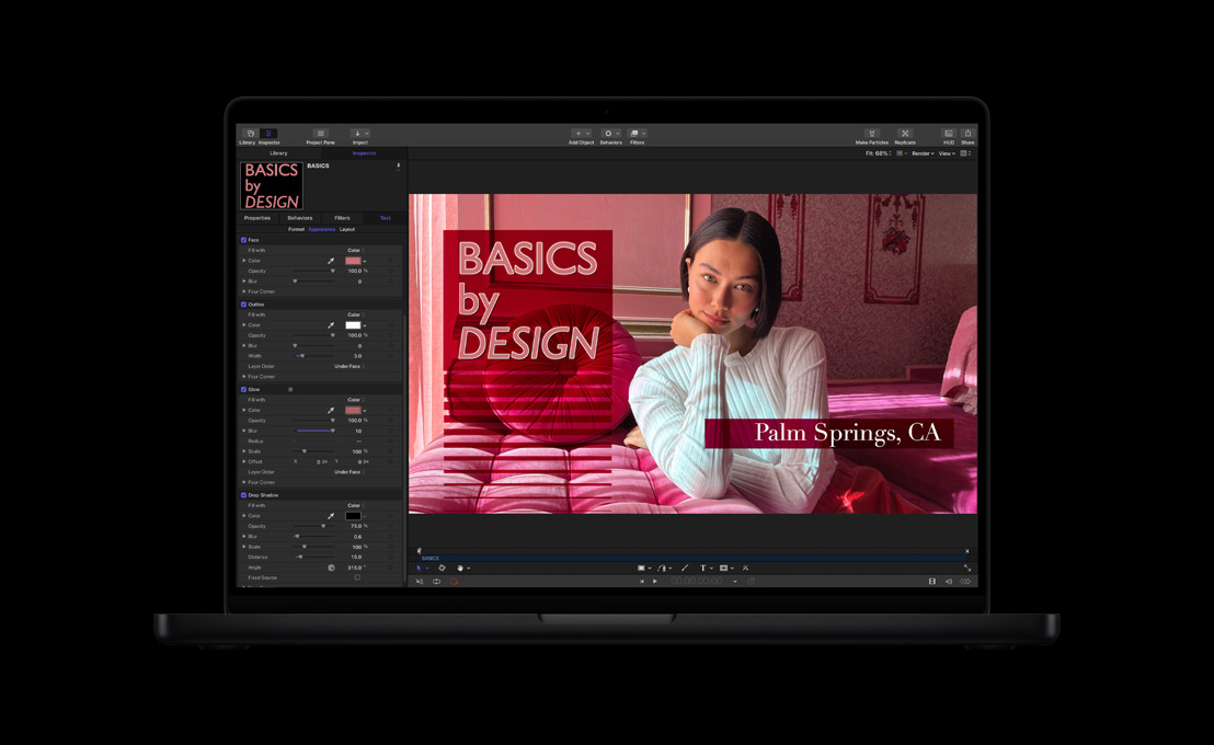 MacBook Pro de 16 pulgadas, mujer con jersey blanco sentada en un sofá rojo, demostración de títulos 2D