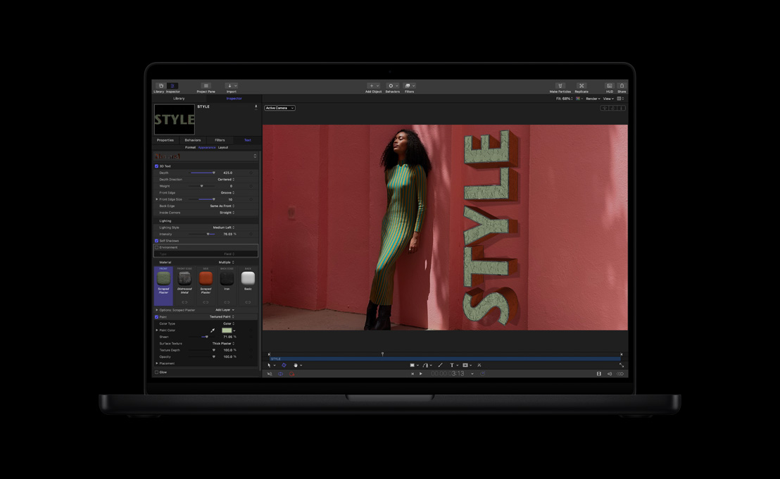 MacBook Pro de 16 pulgadas, mujer con un vestido de rayas verdes y amarillas sobre un fondo rojo, demostración de títulos 3D