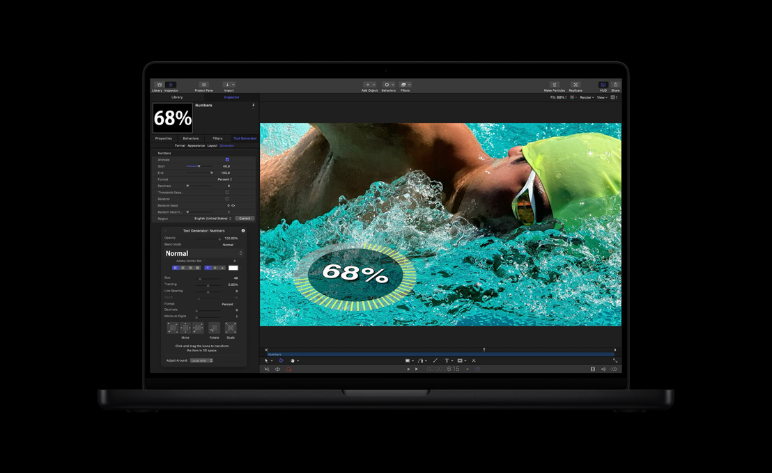 MacBook Pro de 16 pulgadas, una persona nadando en una piscina, demostración de la generación de texto 2D y 3D