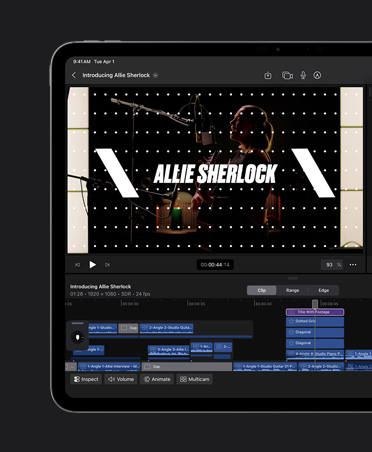 iPad Pro de 13 pulgadas, edición de un vídeo musical con títulos superpuestos en la imagen, herramientas para elegir tipos de letra, colores y diseño, el título dice «Allie Sherlock»