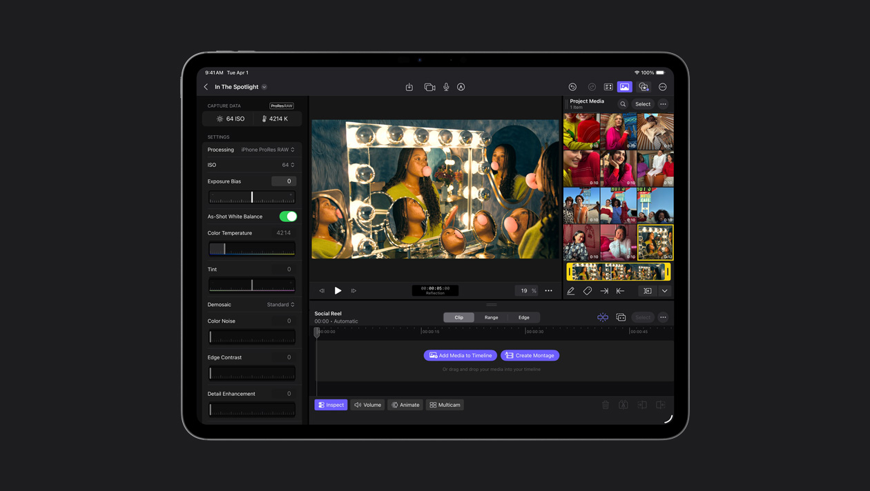 iPad Pro de 13 pulgadas que muestra la imagen de una mujer con trenzas haciendo pompas con chicle en frente de varios espejos, el contenido del proyecto a la derecha, el panel de ajustes a la izquierda, reels para redes sociales en la parte inferior de la pantalla