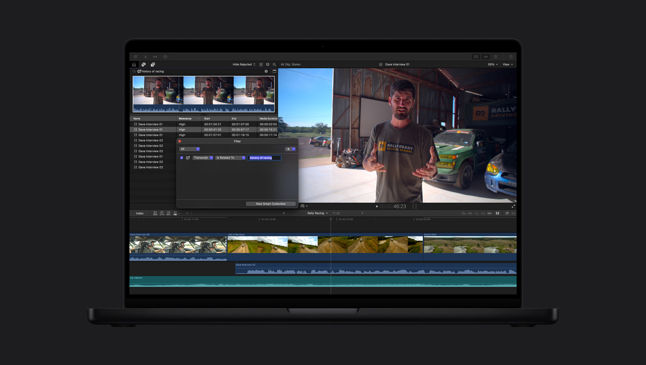MacBook Pro de 16 pulgadas, demostración de búsqueda en transcripciones que encuentra clips de audio en los que se menciona la historia de las carreras