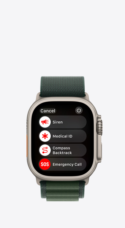 An Apple Watch with a list of emergency features: Siren, Medica ID, Compass Backtrack and Emergency Call