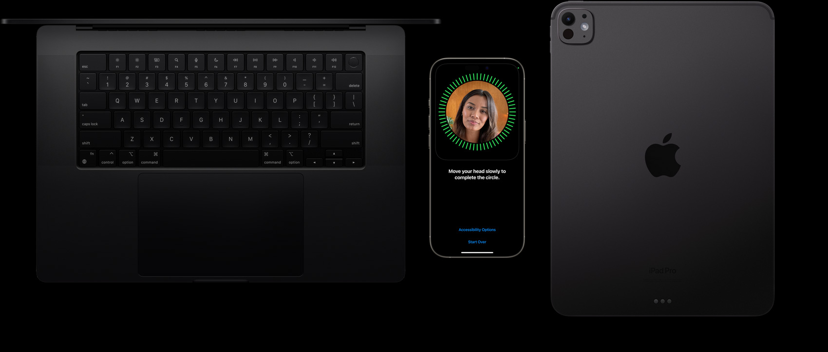 A MacBook in Space Black, an iPhone in Natural Titanium and an iPad in Space Black sit side by side with a Face ID setup displayed on the iPhone