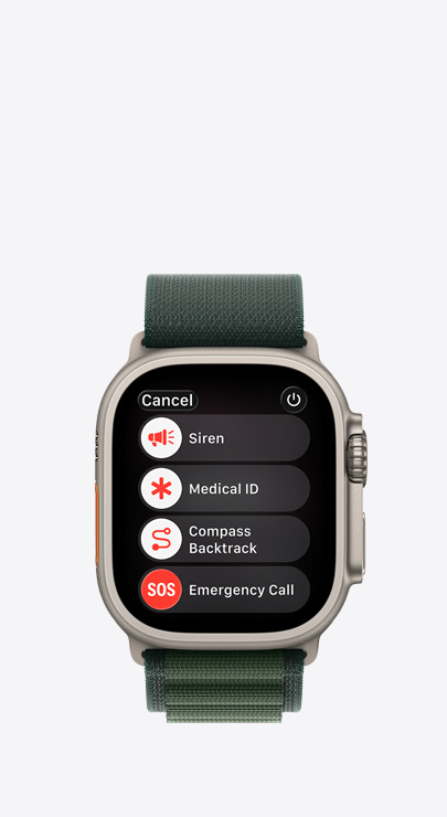 Apple Watch 上的緊急功能列表，顯示警笛、醫療卡、指南針回溯和緊急服務電話 