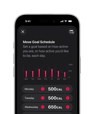 iPhone 16 Pro, Black Titanium color, detailed daily Move goal schedule