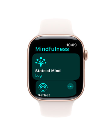 Apple Watch Series 11, aluminum case, rose gold color, Mindfulness app open, right side: Digital Crown, light blush Sport Band