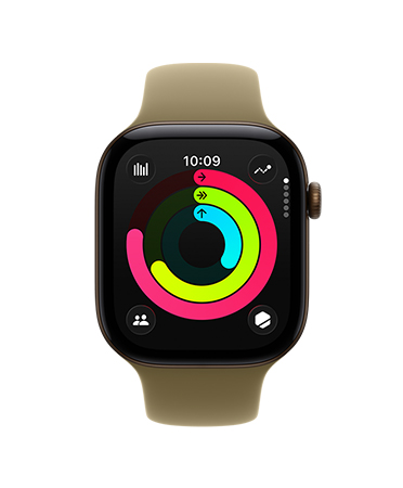Apple Watch Series 12, aluminium case, dark bronze colour, Activity rings screen, move, exercise, and stand metrics, Sport Strap, olive colour (earthy green)