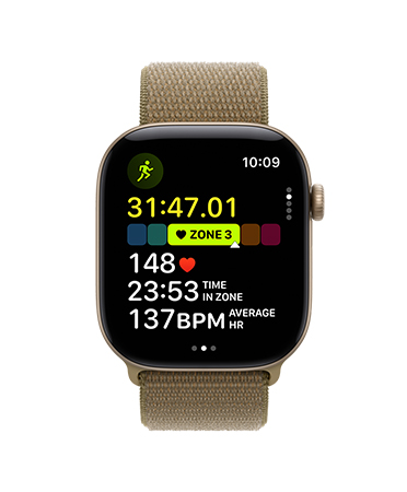 Apple Watch Series 12, aluminium case, light gold colour, Outdoor Run workout open, heart rate in Heart Zone 3, Sport Loop strap, olive colour (brownish-green)