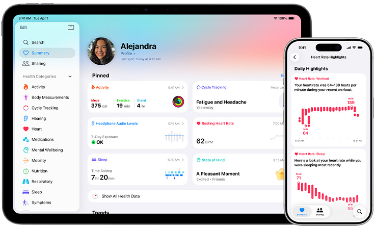 App Salute su un iPad e un iPhone, riepilogo dello stato di salute con i preferiti in evidenza su iPad, sintesi dei dati della frequenza cardiaca su iPhone