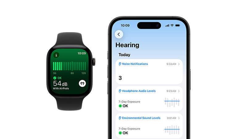Apple Watch Series 12, aluminium case, black colour, Noise app, Sport Strap, black colour, detailed Hearing daily summary open on paired iPhone