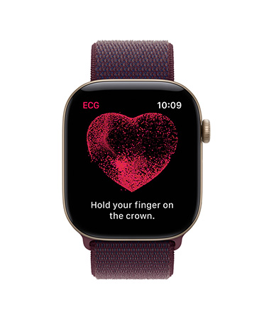 Apple Watch Series 12, aluminium case, light gold colour, ECG app, instructions on screen to hold finger on Digital Crown to begin ECG reading, red heart in the middle of screen, Sport Loop strap, burgundy colour