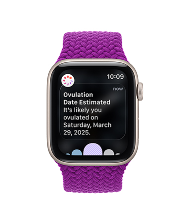 Apple Watch Series 11, aluminium case, rose gold colour, ovulation date estimated notification, right side exterior: Digital Crown, light blush Sport Band
