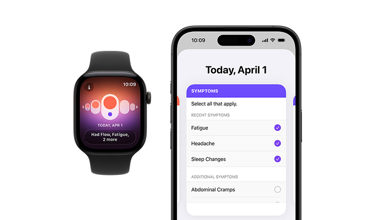 Apple Watch Series 11, aluminium case, polished jet black colour, Sport Band, black colour, Cycle Tracking app, daily symptoms selector open on paired iPhone