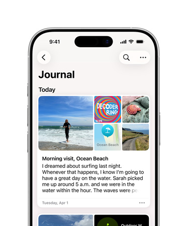 L’app Diario aperta su un iPhone con un’annotazione del diario per quel giorno, foto di una giornata in spiaggia e testo che descrive un sogno