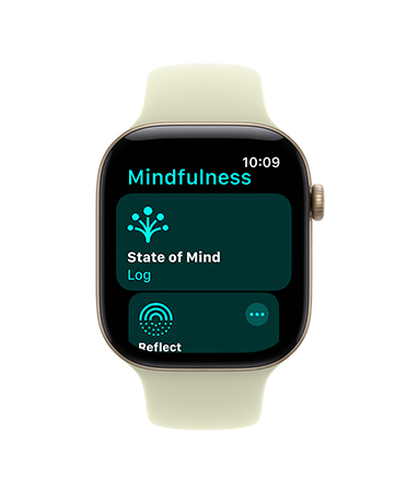 Apple Watch Series 12, aluminium case, light gold colour, Mindfulness app open, Sport Strap, pale succulent colour (light yellow-green)