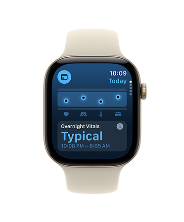 Apple Watch Series 11, cassa in alluminio color oro rosa, app Parametri Vitali, grafico con riepilogo dei dati sanitari, notifica su parametri notturni che rientrano negli intervalli tipici, sul lato destro: Digital Crown, cinturino Sport rosa fard