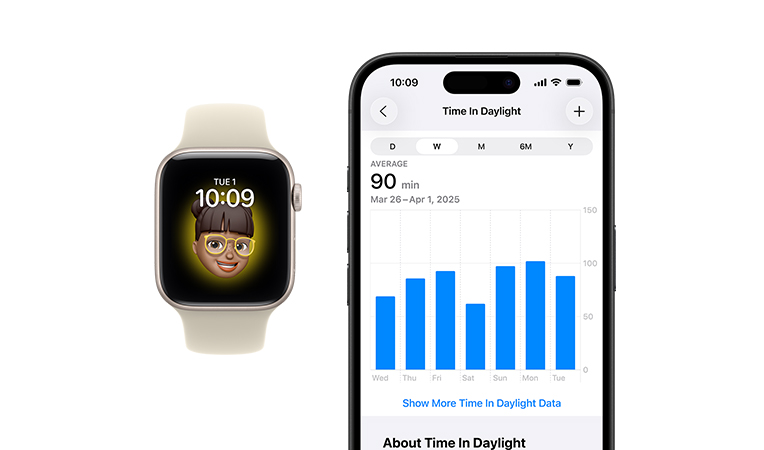 Apple Watch SE 3, cassa in alluminio color galassia, quadrante con una Memoji, iPhone, scheda di condivisione dei dati sanitari con le ore trascorse alla luce del sole