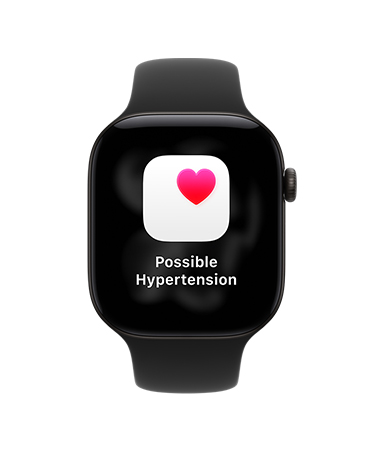 Apple Watch Series 12，黑色鋁金屬錶殼，配搭黑色運動錶帶，螢幕顯示疑似高血壓健康通知