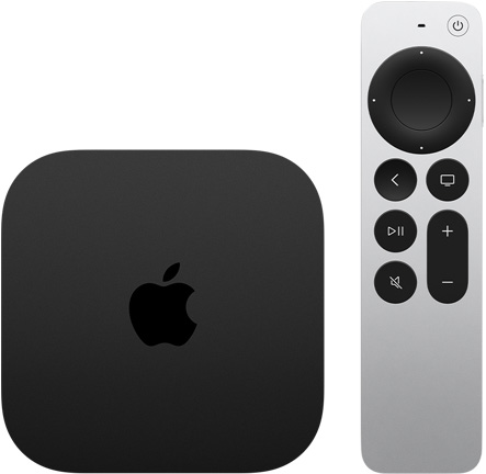 黑色 Apple TV 4K 的頂部外觀，和銀色 Siri Remote 一同展示