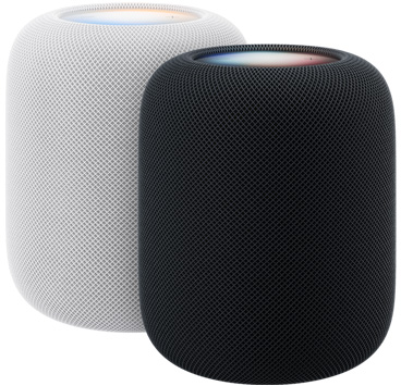 白色與午夜色兩部 HomePod，各自展示頂部發光的顯示器