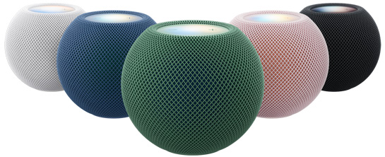 HomePod mini 2，展示網狀織物、頂部的觸控表面，備有白色、藍色、綠色、粉紅色與午夜色可供選擇