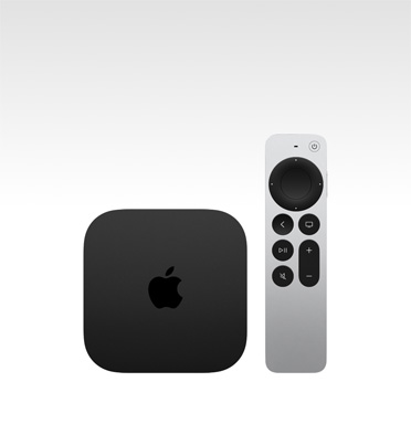 Apple TV 4K, black color, top exterior, shown with Siri Remote, silver color
