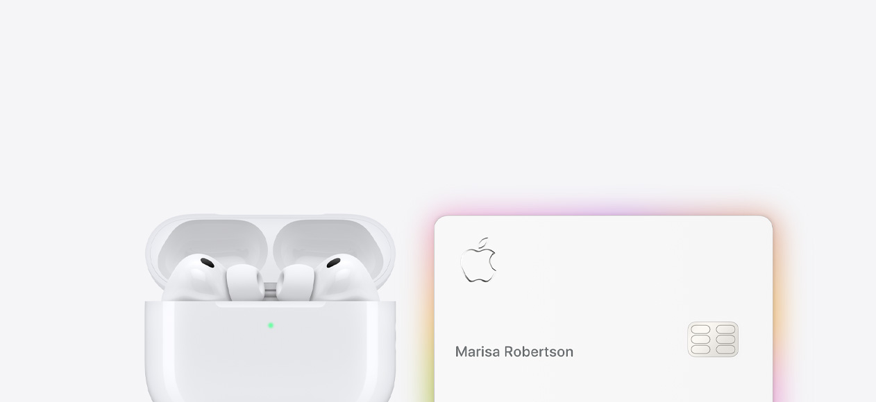 White AirPods Pro 3 in case next to white Apple Card with glowing hues of pink, orange, and yellow around the edge.