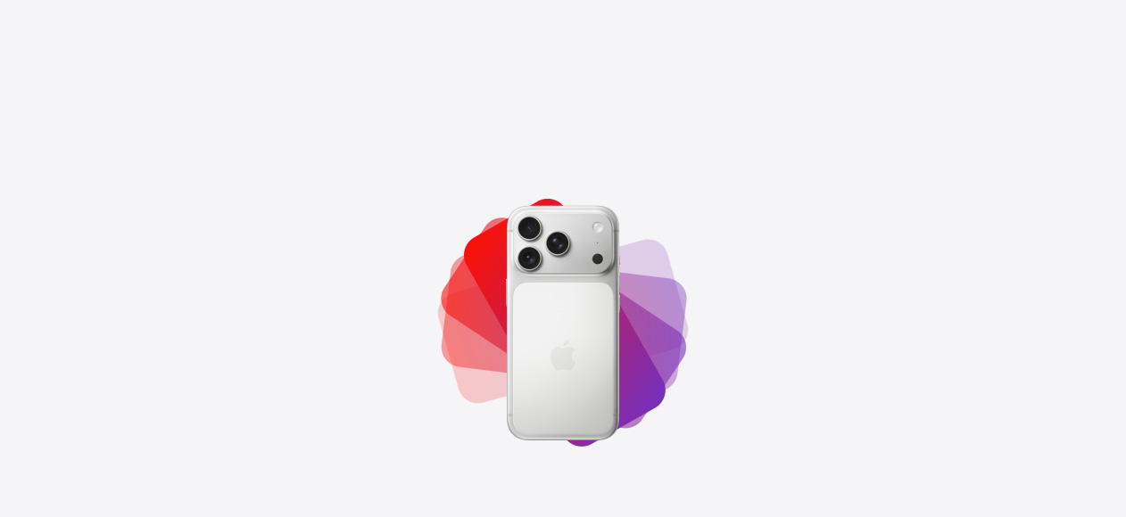 iPhone 17 Pro, back exterior, iPhone silhouette fans out from behind into spectrum of purple and red colors