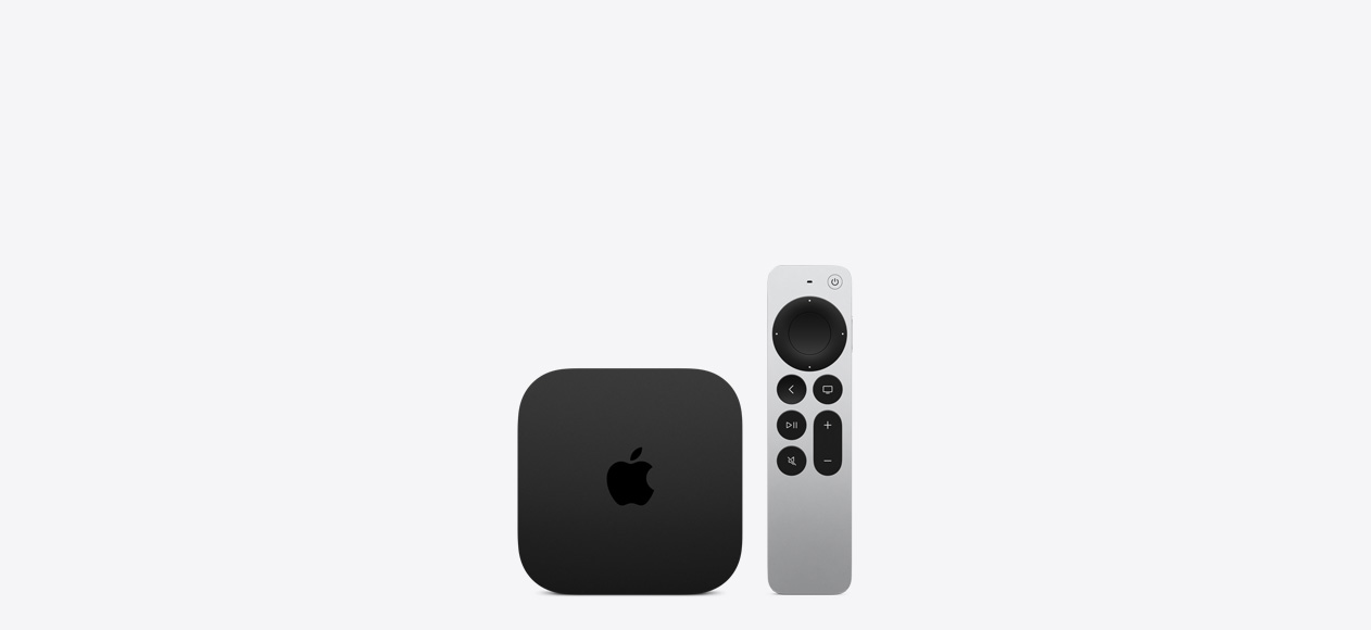 Apple TV 4K, front exterior, black color, square shape, Apple logo on top, rounded corners. Siri Remote, front exterior, circular touch-enabled clickpad, raised buttons