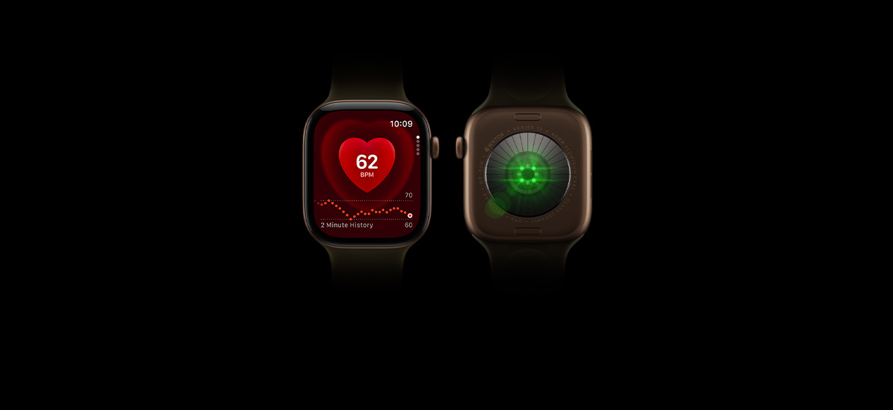 Two Apple Watch Series 12 devices, aluminum case, dark bronze colour, olive Sport Band, one showing front of watch with Heart Rate app, one showing back of watch with Health Sensing System with glowing green LED lights