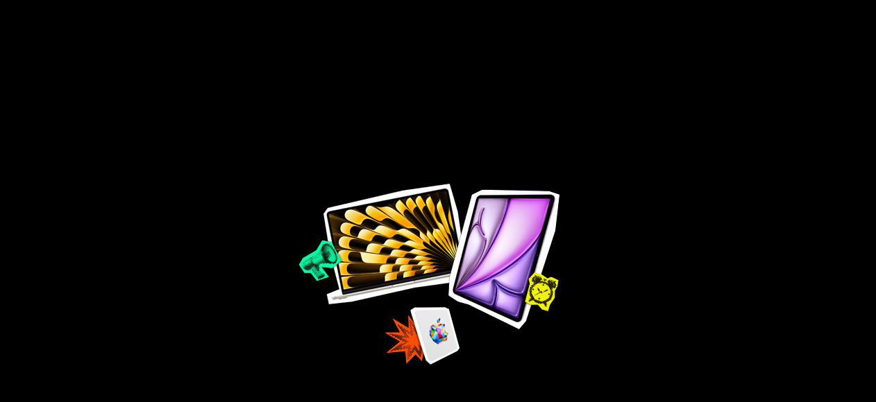 MacBook, display showing a gold and black fan design onscreen, green megaphone emoji sticker, iPad in purple, Apple Gift Card, rectangular, with a colourful Apple logo in the centre, yellow clock emoji sticker