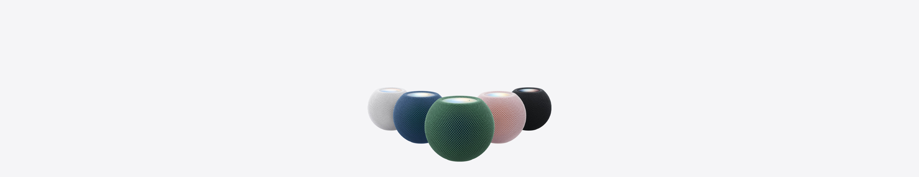 HomePod mini 2, kaikki viisi väriä: valkoinen, pinkki, vihreä, sininen ja keskiyö