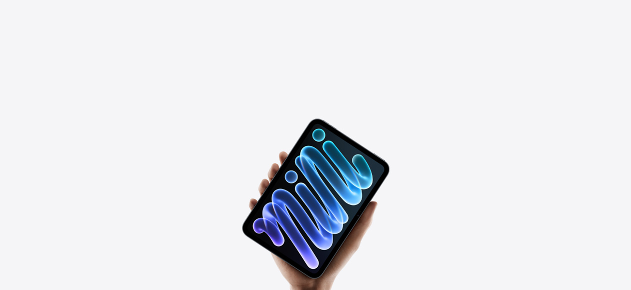 Parte de trás de um iPad mini preto sendo segurado por uma mão