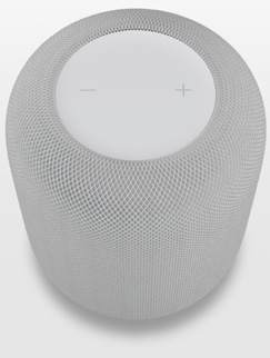 White HomePod on the screen of an iPhone in AR view.