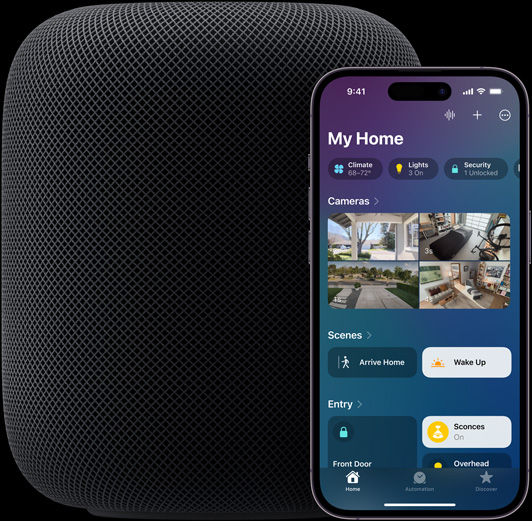 An iPhone — featuring the Home app home screen — is placed slightly infront of a HomePod speaker