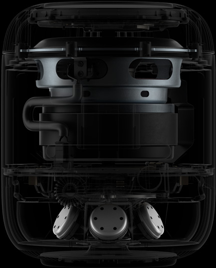 Vista lateral de la parte interior del HomePod que muestra los componentes principales