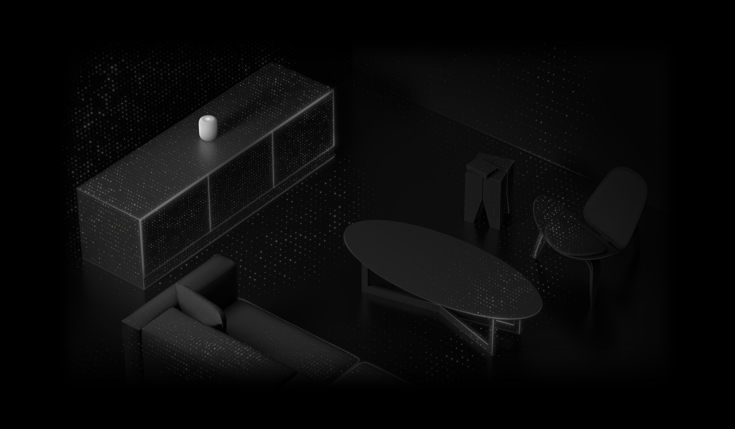 Visualisointi huoneen akustiikan tunnistuksesta. HomePod on huoneessa tason päällä. Animaatio, jossa HomePodista lähtee valohiukkasten aalto joka valaisee huonekalut: sohvan, sohvapöydän, sivupöydän ja tuolin