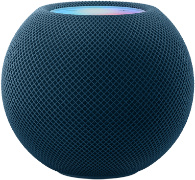 Blauwe HomePod mini met bewegende kleurenpixels erboven die samen het woord ‘mini’ vormen.