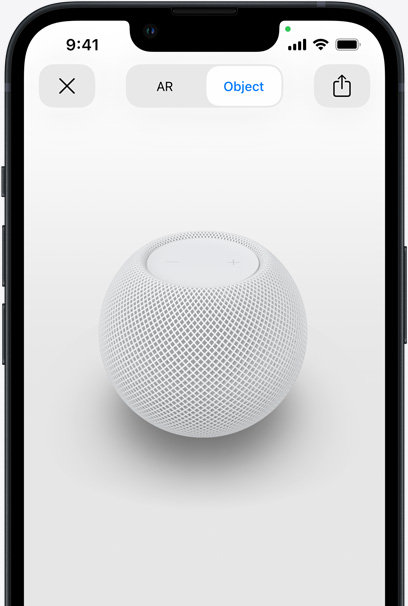 Witte HomePod in de AR-weergave op het scherm van een iPhone.