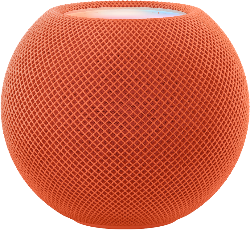 Orange HomePod mini with colourful pixels in motion above it spelling the word “mini”.